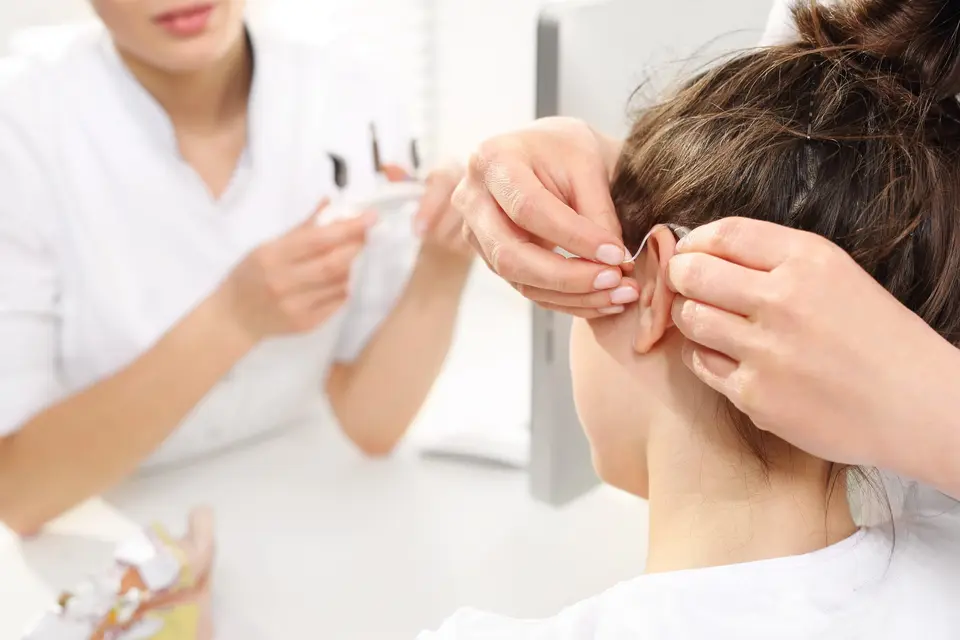 Hearing aids on a display stand